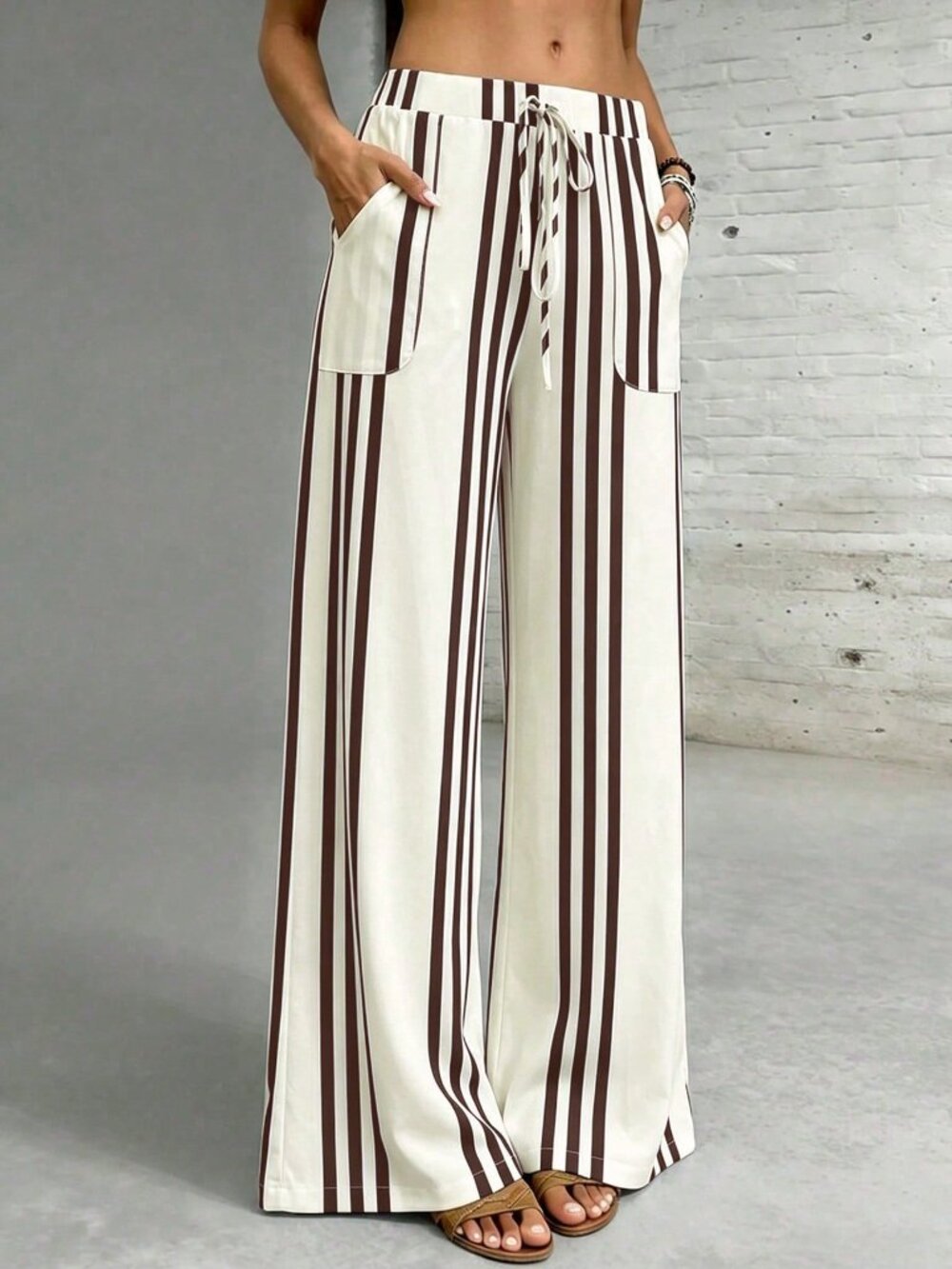 Brown Casual Women's Striped Wide Leg Trousers - Picture 4 of 6